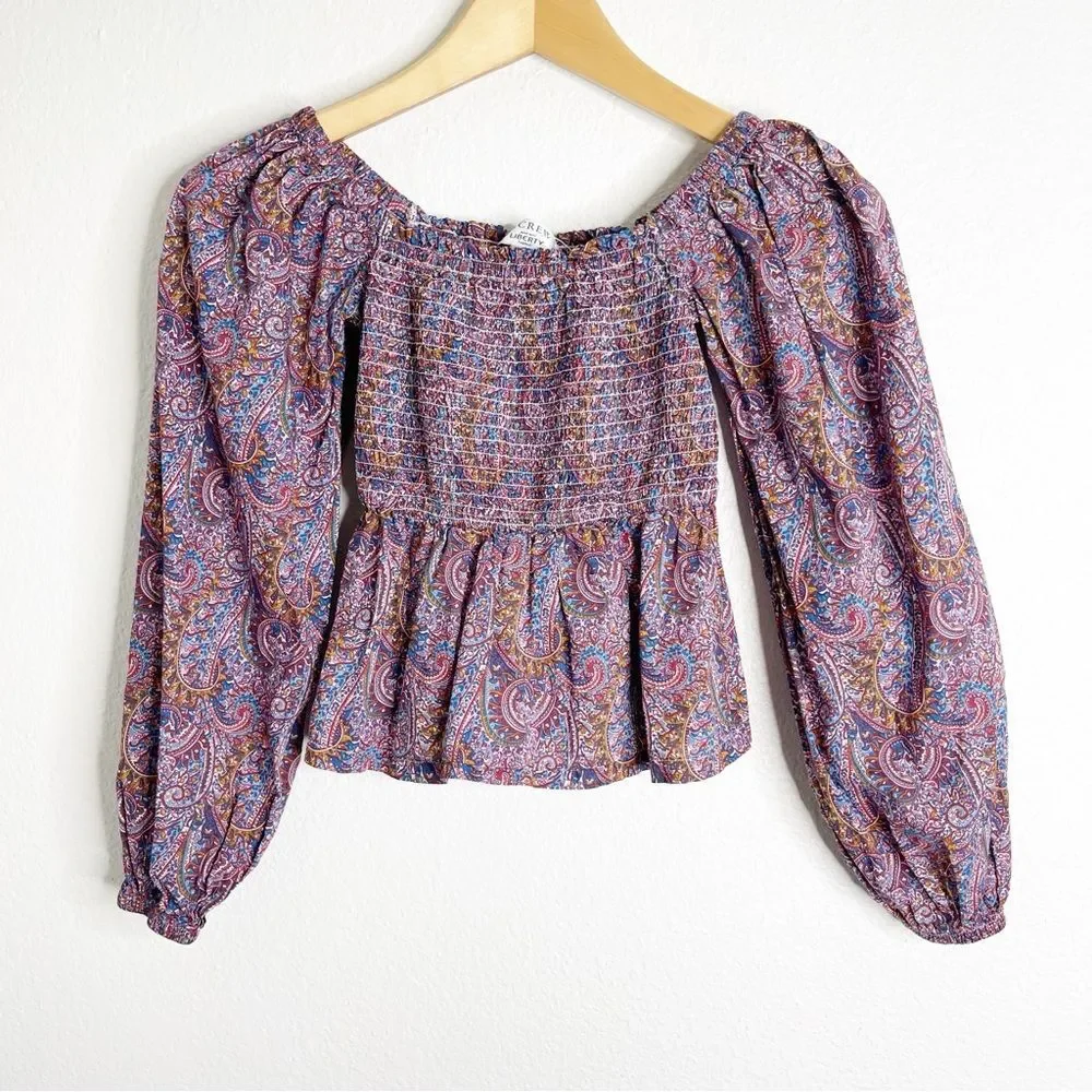 J Crew Liberty Puff Sleeve Smocked Top in‎ Tropical Prince Print Size XXS